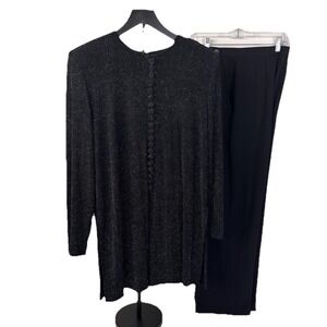 Joan Walters Pant Set Women 12P Black Silver Metallic Dot Vintage Tunic Trousers